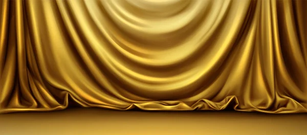 Realistické Pozadí Zlaté Opony Jevišti Vektorová Ilustrace Hedvábné Látkové Roušky — Stockový vektor
