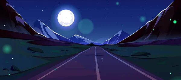 Yol Dağ Karikatürü Gece Manzarası Koyu Mavi Gökyüzü Dolunay Ufukta — Stok Vektör