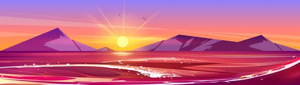 Sea landscape with sun in sky on horizon at sunset. Summer scene of ocean or lake with water waves, mountains and orange sky at evening, vector cartoon illustration