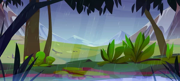 Mountain valley in rain. Nature landscape with forest with trees and plants, green grass and rocks with ice and snow at rainy weather, vector cartoon illustration