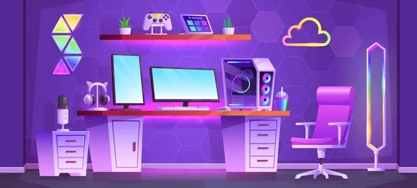 Neon Teen Streamer Δωμάτιο Εσωτερικό Γραφείο Και Διάνυσμα Φόντο Cyber — Διανυσματικό Αρχείο