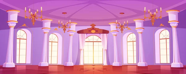 宫殿房间 皇家城堡舞厅 带有窗户 柱子和金色吊灯的中世纪舞厅奢华的内部 矢量卡通画 — 图库矢量图片
