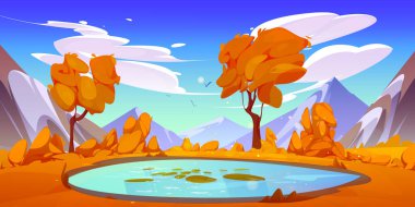 Göl karikatür çizimi ile sonbahar dağ manzarası çizimi. Kanada 'ya keşif gezisi için güzel ve vahşi sonbahar manzarası. Sakin gölet suyuyla güneşli konsept.