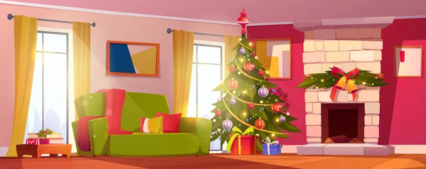 Weihnachten Wohnzimmer Mit Kamin Vektor Illustration Der Gemütlichen Inneneinrichtung Bunte — Stockvektor
