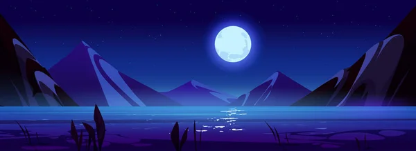 Нічна Сцена Озером Горами Повним Місяцем Зірками Небі Літній Пейзаж — стоковий вектор