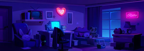 晚上Y2K女孩卧室内部与粉红霓虹灯轻心 卡通风格的房间 有扶手椅 电视和抽屉 复古青少年设计的背景没有人 内饰熊玩具 — 图库矢量图片