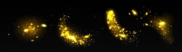 ゴールドマジックホタル輝き効果ベクトルセット 透明な背景に星の粉状の質感が分離された黄金の抽象的な輝き コンフェッティ粒子スプレーでフラッシュ魅力的なシマー装飾 — ストックベクタ