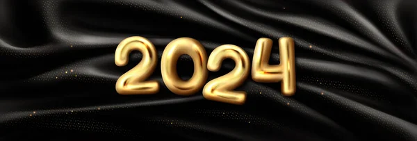 Golden 2024 Numbers Black Silk Cloth Background Vector Realistic Illustration — Stock Vector