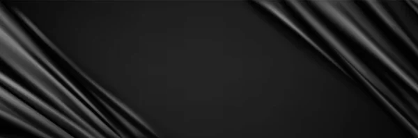 現実的な黒い絹の生地の背景 滑らかなドレープレイヤード面と空の色サテン布テクスチャのベクトルイラスト 波模様の柔らかい素材 ベッドシートトップビュー バナーテンプレート — ストックベクタ