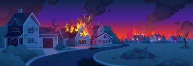 Apocalypse City Yolu 'nun arka planında yangın inşa eden karikatür var. Yıkık mahallede deprem ile yıkılmış sokaklarda savaş. Apokaliptik yıkım sahnesi manzarası. Terk edilmiş, yanan bir köy.