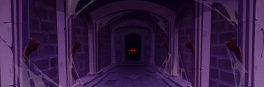 Abandoned castle cave for medieval game cartoon. Creature eye glow in corridor. Dark spooky masonry stone wall in palace underground dungeon corridor. Halloween scary horror fantasy jail front view. clipart