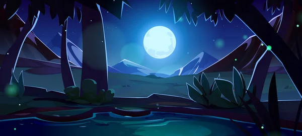湖の夜の自然景観の背景と夏の山 暗い牧草地や木のシーンのイラストの近くの川の水 青い空に満月の光を持つアルプスは 平和な山の中で屋外を旅行する — ストックベクタ