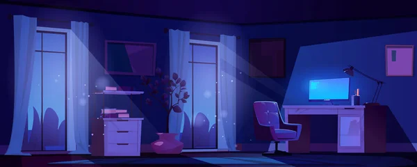 魔法の光ベクトルの背景と夜の作業室 テーブル コンピュータ アームチェア付きの暗い空のリモートワークスペースのインテリア カーテンコンセプトの窓から落ちる謎の月明かり — ストックベクタ