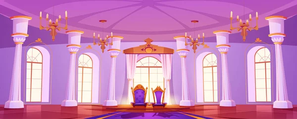 城堡宴会厅内有王座漫画 中世纪王宫大厅的舞会和舞蹈与豪华吊灯在幻想游戏的例证 有地毯的漂亮贵族房的空旷景象 — 图库矢量图片