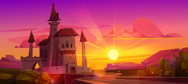 Mittelalterliches Europa Turmburg Mit Brücke Auf Sonnenuntergang Cartoon Hintergrund Frankreich — Stockvektor