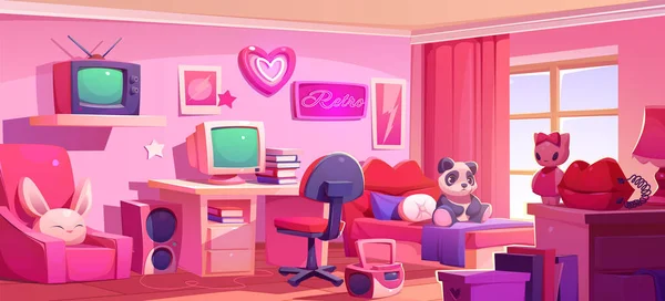 Y2K Teenager Mädchen Rosa Schlafzimmer Cartoon Innenarchitektur Hintergrund Weibliche Teenager — Stockvektor