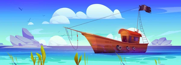 Пиратский Корабль Море Деревянная Лодка Черным Флагом Черепом Пейзаж Пляжа — стоковый вектор