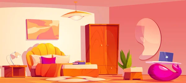 多彩的卧房内饰有菊花地毯矢量卡通画 房间内有粉红桌及木制壁橱家具 早上有衣柜和灯的空旅馆公寓 — 图库矢量图片