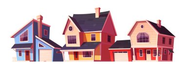 Kenar mahalle binası dış köy çizgi film vektör ikonu seti. Beyaz arka planda izole edilmiş kır evi illüstrasyonu. Kırsal kesimde garajı olan modern bir emlak aile villası.