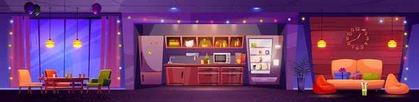 キッチン付きの夜のオフィス休憩室でパーティー ガーランドとソファの上の贈り物とお祭りのコーヒー休憩会社のホールのインテリアデザイン 現代の食堂の家具のコンセプト漫画の背景イラスト — ストックベクタ