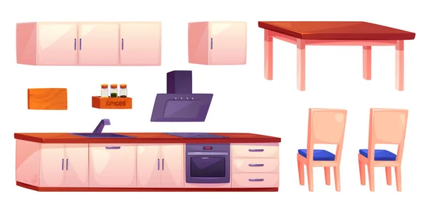 Desenhos Animados Vetor Cozinha Móveis Ilustração Com Sala Jantar Interior — Vetor de Stock