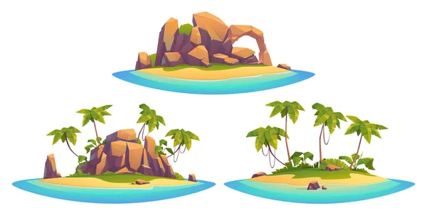 Unbewohnte Tropische Insel Cartoon Szene Gesetzt Winzige Felseninsel Mit Palme — Stockvektor