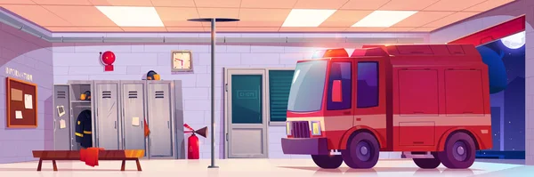消防署のインテリア 赤い緊急救助トラックのためのガレージと空の消防署の建物 衣類やヘルメットとスチールポール付きロッカー ベクトル漫画のイラスト — ストックベクタ