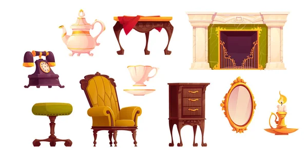 Cartoon Viktorianische Möbel Mit Kamin Royal Vintage Wohnzimmer Illustration Mit — Stockvektor