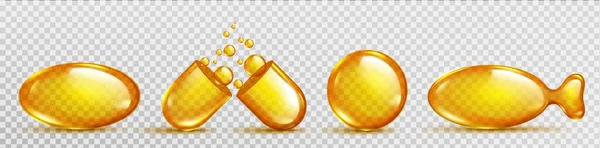 Isoliertes Vitamin Pille Fischkapsel Symbol Isoliert Auf Transparentem Hintergrund Gold — Stockvektor