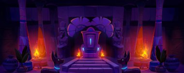 Tahtı, tanrısı ve firavunu heykelleri, bitkileri, vazoları ve sütunları olan eski Mısır sarayı veya tapınağı. Eski Mısır piramidinin geceleri iç mekanı, vektör karikatür çizimi