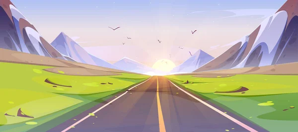 Straße Und Berg Cartoon Sonnenaufgang Landschaft Rosafarbener Morgenhimmel Und Grünes — Stockvektor