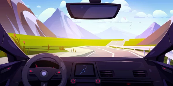 Car View Drive Mountain Road Vector Illustration Driver Dashboard Cockpit — Stock Vector