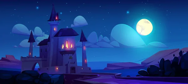 幻想景观与城堡在夜间 中世纪的房子 带有石桥的宫殿建筑 月光下的皇冠和大门 矢量卡通画 — 图库矢量图片