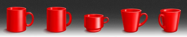红色陶瓷咖啡杯矢量模型模板 在透明的背景下 分离出现实的瓷茶和浓缩咖啡杯 餐厅广告用的清空干净卡布奇诺垫子菜的顶视图 — 图库矢量图片