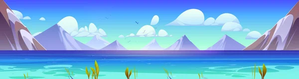 湖と夏の山の風景 岩のアルパインの範囲で美しい自然のシーンのベクトル漫画のイラスト 川の澄んだ青い水 晴れた空に高く飛んでいる鳥 トラベルバナーデザイン — ストックベクタ