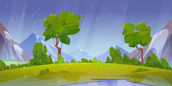 夏の雨の山の谷の風景イラスト漫画のベクトルイラスト 雨が降ると美しいと野生の自然景観環境が値下がりしました 緑の芝生の上で水溜りと雨 — ストックベクタ