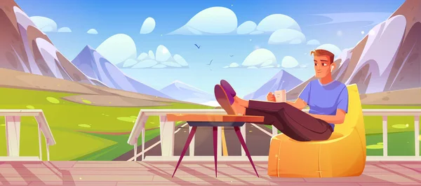 Homem Sentado Terraço Com Vista Para Estrada Montanha Verão Ilustrado —  Vetores de Stock