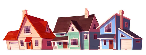 郊区住宅建筑外村卡通矢量图标集 在白色背景上孤立的家庭插图 农村有车库的现代房地产家庭别墅公寓 — 图库矢量图片
