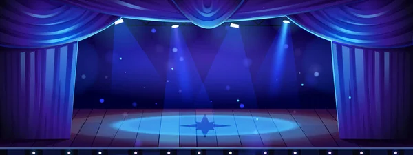 Rajzfilm Színpad Kék Függönyökkel Fapadlóval Reflektorfényekkel Vektor Illusztráció Megvilágított Jelenet — Stock Vector