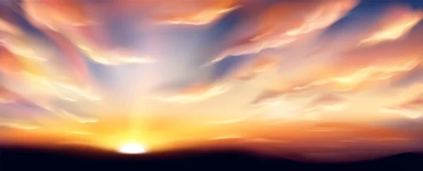 Cielo Realista Atardecer Con Nubes Ilustración Vectorial Del Sol Poniéndose — Vector de stock