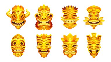 Beyaz arka planda izole edilmiş totem tiki maskeleri. Hawaii geleneksel oyma ahşap aksesuar sanatının sihirli ayin için vektör çizimi, korunma için ev dekorasyonu. Kabile kültürü