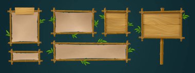 Tahta bambu tabela çerçeve oyun seti. Çubuklu ahşap tabela ve sınır izole tropikal illüstrasyon. Mesaj veya bildirim için Hawaii boş menü paneli düzeni