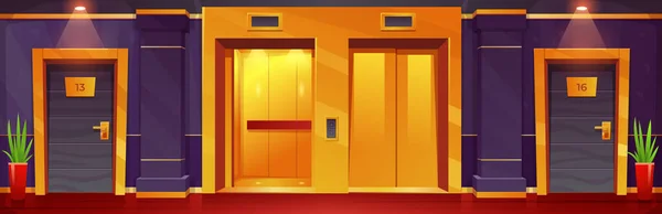 卡通画豪华酒店楼层 配有房门和金色电梯 在墙上有上下按钮的开电梯和关电梯的矢量图解 办公大楼走廊 雅致的设计 — 图库矢量图片
