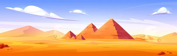 エジプトのアンティークピラミッドと漫画の砂の砂漠 古代の歴史的建造物 ファラオの墓 青空の下で観光地と自然の風景のベクトルイラスト 夏の観光 — ストックベクタ