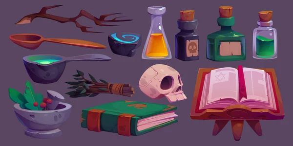 Potions Magiques Livres Sorts Icônes Herbes Pour Jeu Décor Halloween — Image vectorielle