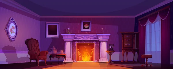 夕方の漫画の背景にアンティーク暖炉付きの古いビクトリア朝のインテリア リビングルームで暗いヴィンテージ王室の家具 火災の輝きを持つ貴族のコテージアパートの窓のカーテン — ストックベクタ