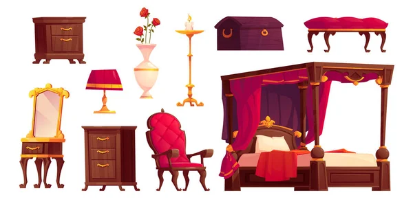 Viktorianische Schlafzimmereinrichtung Mit Königsroten Vintage Möbeln Klassisches Prinzessinnenbett Retro Spiegel — Stockvektor