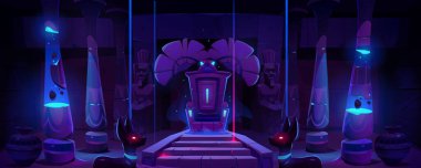 Fütürist, karanlık firavun taht odası, neon mavisi ışıklı. Nöbetçi, anubis heykelleri, kırık taş sütunlar ve antik vazolarla antik sarayın vektör çizimi. Mystique tapınağının içi
