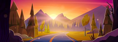 Otoyoldan çizgi film dağ günbatımı manzarası. Güneşin kayaların siluetlerinin, vadi yolu boyunca çam ağacı ormanlarının ardında battığı güzel doğal manzaranın vektör çizimi. Yaz seyahati afişi