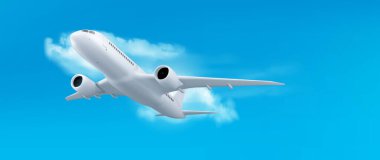 Gökyüzü hava vektörü seyahat konseptinde 3D beyaz uçak uçuşu. Mavi arka planda bulutlu gerçekçi bir jet çizimi. Tatilde uluslararası uçuş için havayolu ticari afişi. Kiralık uçak kalkıyor..